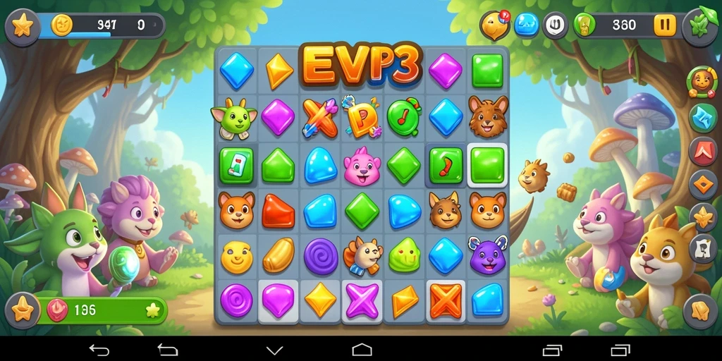 Tampilan gameplay seru EVIP3 dalam genre Match-3 penuh warna.