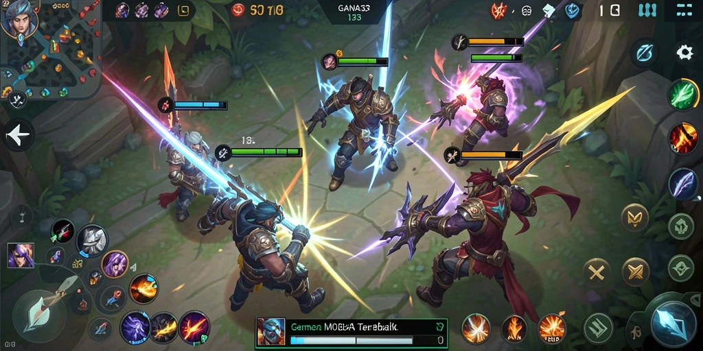 Screenshot gameplay GANAS33 menunjukkan intensitas pertempuran MOBA yang mendebarkan.