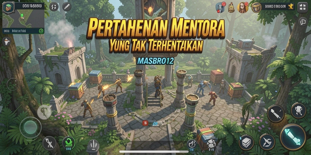 Tangkapan layar dari gameplay MASBRO12 menunjukkan menara pertahanan beraksi melawan gelombang musuh.