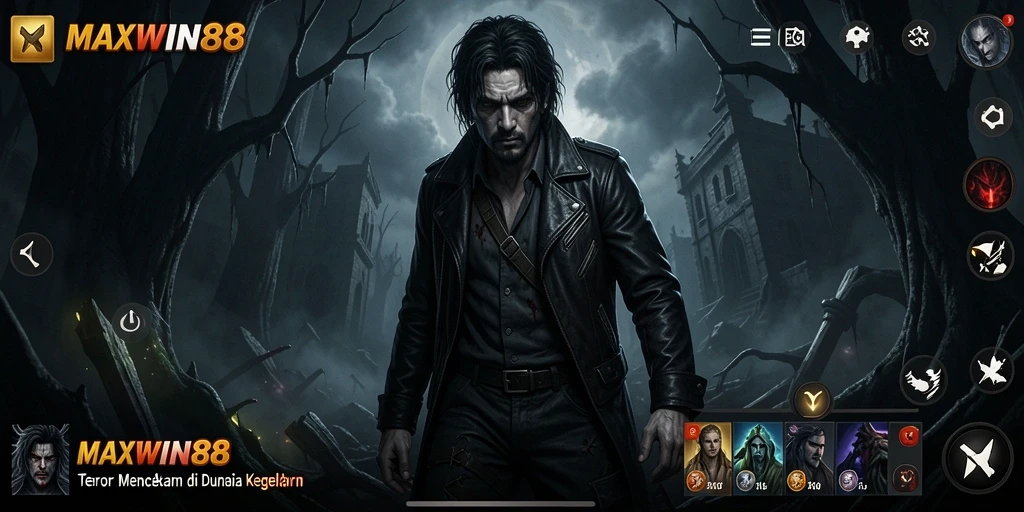 Tampilan gameplay MAXWIN88 dengan suasana horror mencekam dan efek visual yang menarik.