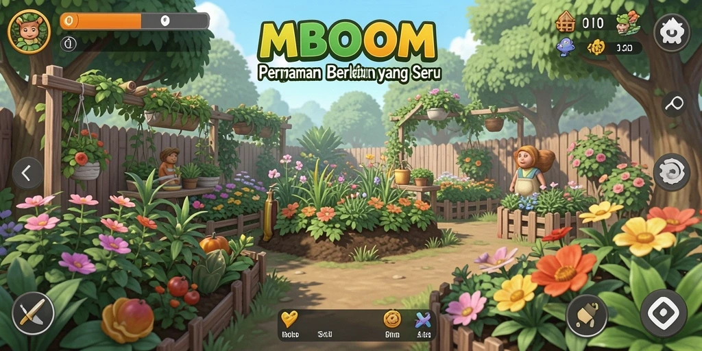 Tampilan gameplay MBOOM dengan kebun yang subur dan tanaman beragam.