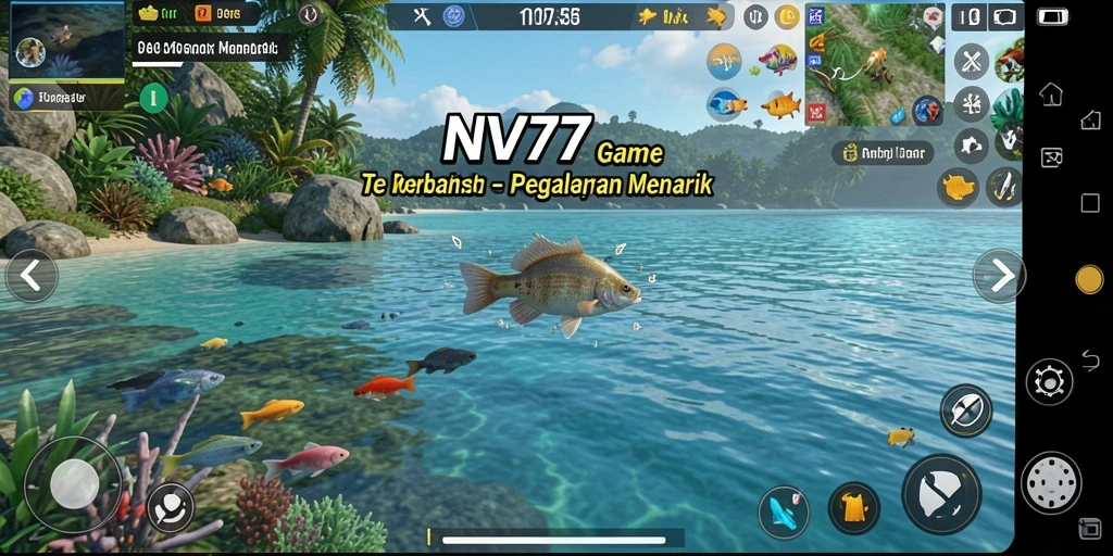 Tampilan gameplay NV77 dengan aksi memancing yang seru dan lokasi menakjubkan.
