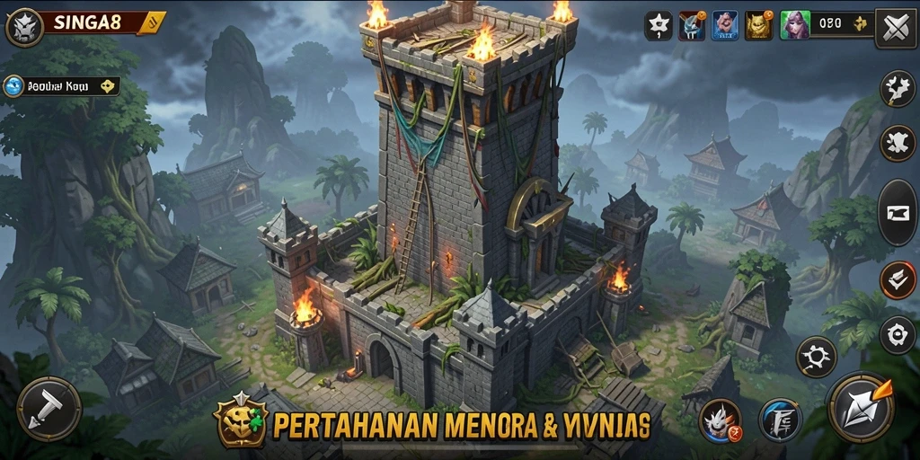 Screenshot gameplay SINGA8 menampilkan menara pertahanan yang strategis.